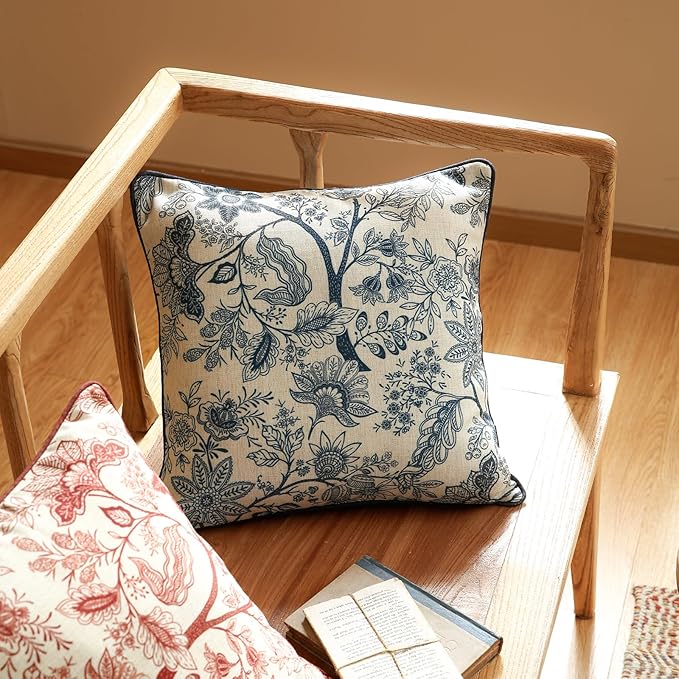 ISAENNE Design Linen Square Throw Pillow Covers 18"x18" Pack of 2, French Country Cushion Covers with Blue Toile de Jouy Floral Pattern Decoration Pillowcases for Bed, Living Room, Outdoor, Car