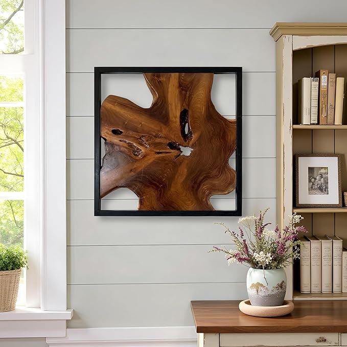 Warmaxx Rustic Teak Wood Wall Art 27.8"L x 27.8"W x 2.3" Thickness Farmhouse Framed Wall Art Aesthetic Decoration Square Home Office Dorm Handmade Freeform Pattern Natural Wall Décor Living Room Bedroom Hallway