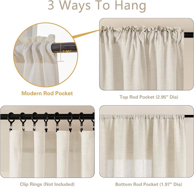 Natural Linen Curtains for Kitchen Window 30 Inches Long Farmhouse Dual Rod Pocket Semi Sheer Privacy Light Filtering Boho Cream Short Curtains 30 Inch Length for Small Window Cafe RV W25xL30