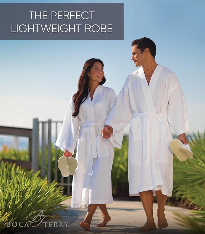 Waffle Robe for Women by BOCA TERRY, Soft Cotton Spa Robes for Summer, Lightweight Knit Waffle Bathrobe, Kimono Bathrobes