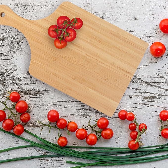 BambooMN Bamboo Paddle Cutting and Serving Board, Charcuterie Boards for Meat, Vegetables, Fruits, Bread, Kitchen Cutting Board with Handle - 15" x 8" x 0.75" - 100 Pieces