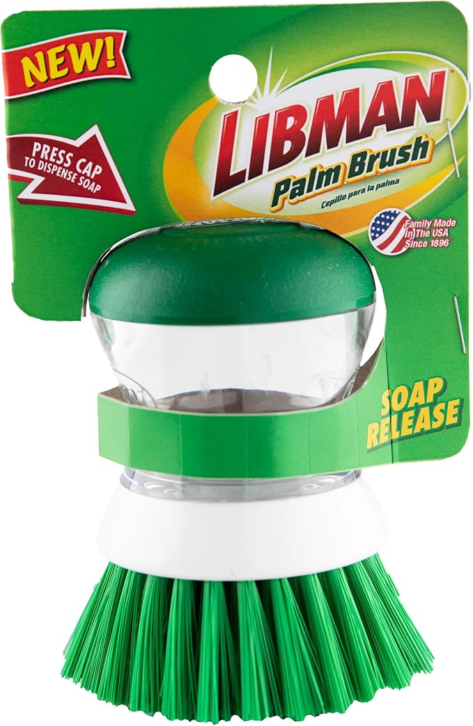 Libman Palm Brush with Soap Dispenser – Dish Brush for Pots, Pans & Kitchen Sink Cleaning – Ergonomic Grip, Non-Leaking Button, Durable Angled Bristles – Recycled PET Fibers – 4” x 3.25”