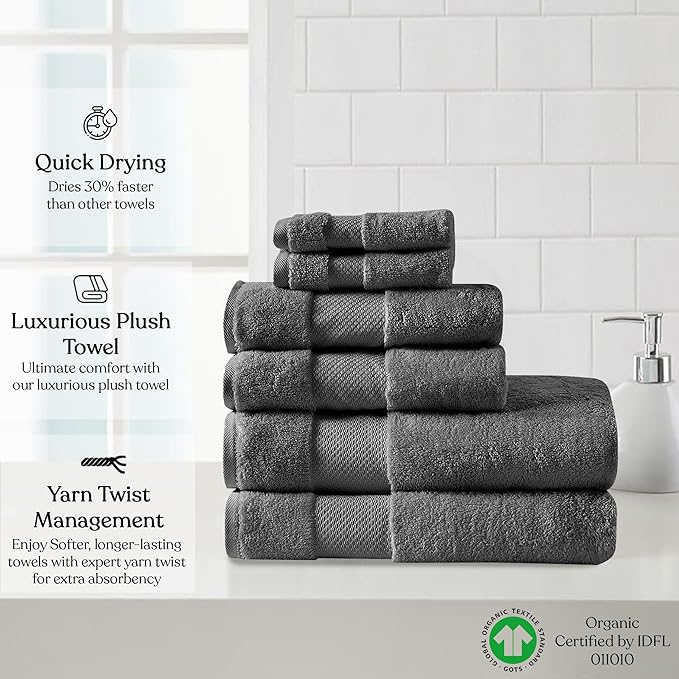 100% Organic Cotton Towels 650 GSM Plush Feather Touch Quick Dry Towel, 6-Piece Towel Set GOTS Certified, Oeko-Tex Green Certified, 1 Bath Towel, 1 Bath Sheet, 2 Hand Towels & 2 Wash Cloths