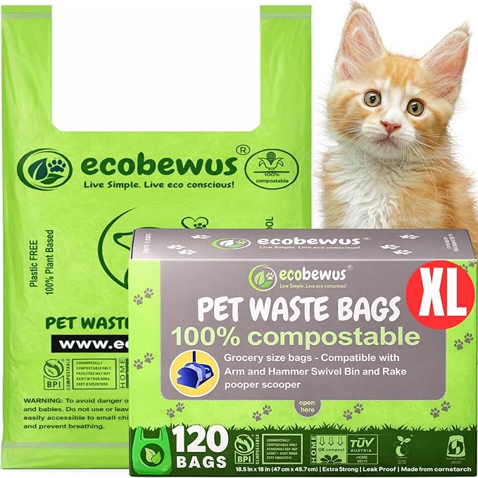 100% Compostable XL Pet Waste Bag (120 ct.) Plant-Based Cat Litter Bags Cornstarch-Based Doggy Poop Bags with Handles Compost Liners US BPI ASTM D6400 & OK Compost Home Certified (120 ct)