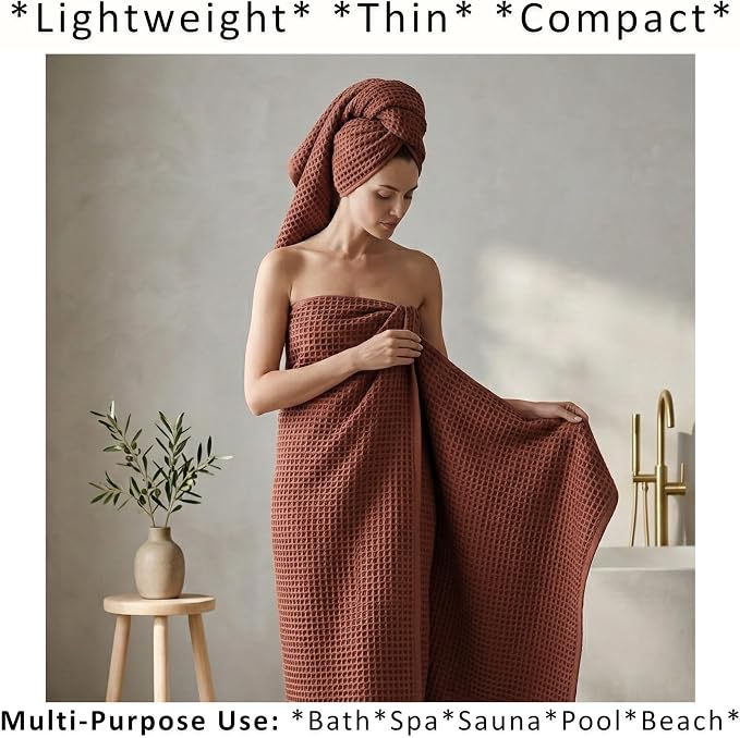 PÜSKÜL 4-Piece Natural 100% Turkish Cotton Luxury Waffle Towels for Bathroom | Premium Quality Honeycomb Weave 2 Hand Towel & 2 Bath Towel Set | Soft Absorbent Quick-Dry Lightweight Towels (Brick)