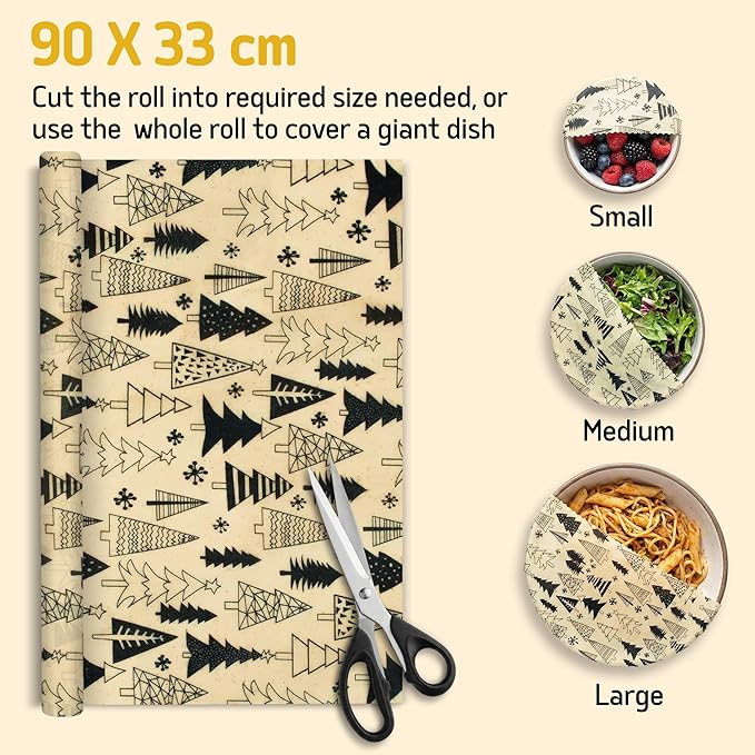SUPERBEE Reusable Beeswax Wraps for Food – XL Beeswax Wrap Roll (35x13"), Bees Wrap Paper for Wrapping Cheese, Veggies, Sandwiches & Bowl Covers, Festive Holiday Print, Sustainable Gift Idea