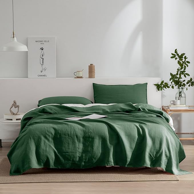 EVERLY Linen Queen Size Sheets Set,100% French Washed Pure Linen Bed Deep Pocket Sheets,4Pieces(1Flat Sheet,1Fitted Sheet,2Pillowcases) Suitable for Hot Sleepers,180GSM Dark Green Bedding Set