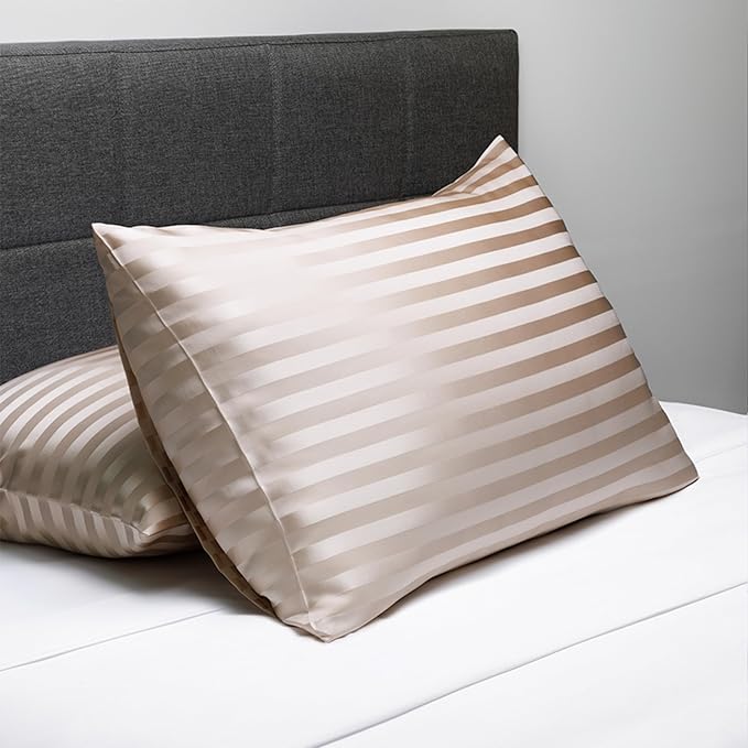 Fishers Finery 30mm 100% Pure Mulberry Silk Pillowcase 2 Pack, Quality Tested (Taupe Stripe, Standard, 2 Pack)