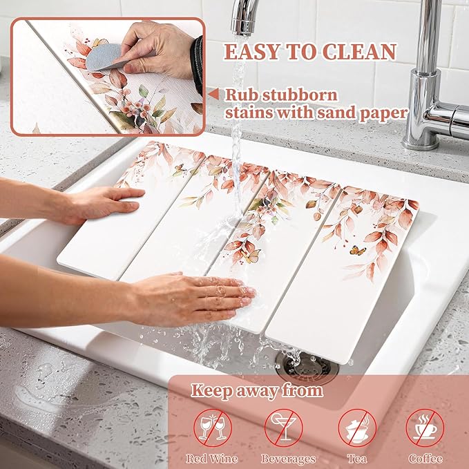 Large Stone Dish Drying Mat for Kitchen Counter, 24"×16" Quick Dry Dishes Mats, Foldable Diatomaceous Earth Drying Organizer Pad Water Absorbing for Plate Bottles Utensils