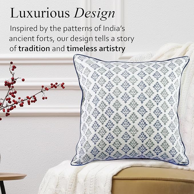 CPC Botanical Trellis Blue Block Print Throw Cushion Cover 24 x 24 Inch Set 2 - Decorative Boho Floral Pillow Case for Living Room, Bed, Sofa, Couch, Home Decor Gift for Spring, Mother's Day