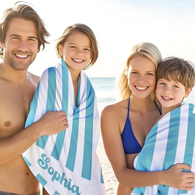 JML Personalized Beach Towel with Name, Custom Cabana Stripe Beach Towel, Customized Microfiber Pool Towel, Quick Dry & Absorbent Swim Towel for Adult,Anniversary, Birthday, Summer Holiday,Vacation