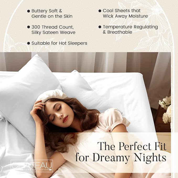 100% Organic Cotton Sheets King Size Sheets Set with Fully Elasticated Fitted Sheet & Pillowcase Sets, 300 TC Hotel Collection Deep Pocket King Sheet Set, No Pill Soft Breathable Luxury White Bedding