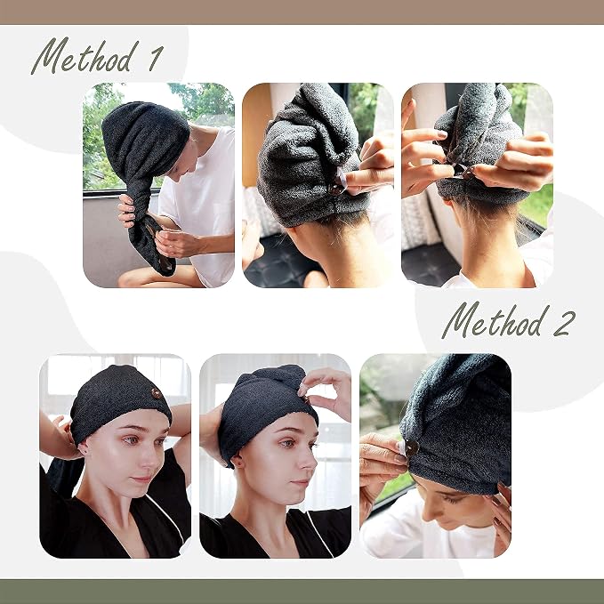 myHomeBody Hair Towel Wrap, Quick Drying Turban, Absorbent Cap – Blue | Hair Turban Towel for wet hair, Ultra Soft Charcoal Fiber Cap, Towel Head Wrap for bathing with Coconut Shell Button