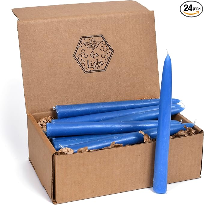 100% Pure Beeswax Taper Candles - All-Natural Handmade Decorative & Dipped Smokeless Unscented Candles for Christmas, Advent, and Hanukkah, Rustic Blue, 8.5 Inches, 24 Candle Set, by BeeTheLight
