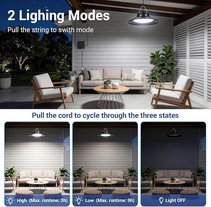 ropelux Solar Powered Shed Light Indoor Outdoor, 2000LM Daytime Available Pendant Light with Pull String, 2 Lighting Modes Solar Lights, IP65 Waterproof for Barn, Gazebo, Shop, Garage, Home (2Pack)