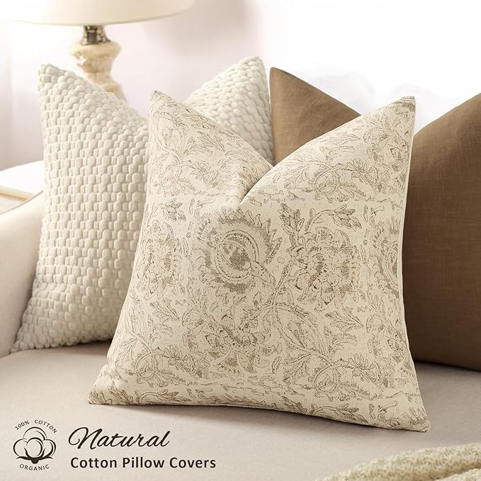 Vintage Floral Print Throw Pillow Covers 24x24 Set of 2 Neutral Modern Farmhouse Pillowcases Accent Decorative Cushion Covers Boho Home Decor for Couch Sofa Chair Bed Living Room, Natural Beige