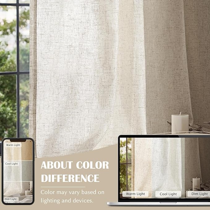 jinchan Linen Blend Curtains 108 inch Extra Long 2 Panels for Bedroom Living Room, Light Filtering 50 inch Wide Farmhouse Drapes with Rod Pocket Back Tab(50W x 108L, Oat)