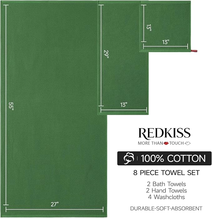 REDKISS Quick Dry Waffle Towel Set of 8, 100% Cotton,Lightweight & Highly Absorbent Waffle Towels for Bathroom, Spa, Gym, Pool-2 Bath Towels, 2 Hand Towels & 4 Washcloths,Green