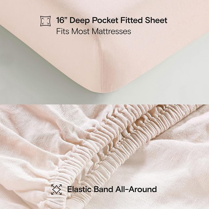 Sijo Stone Washed Organic French Linen Bed Sheet Set, GOTS Certified Organic, Best Cooling Linen Sheet Award by Sleep Foundation, 4 Piece - 2 Pillowcases, 1 Fitted and 1 Flat (Blush, Queen)