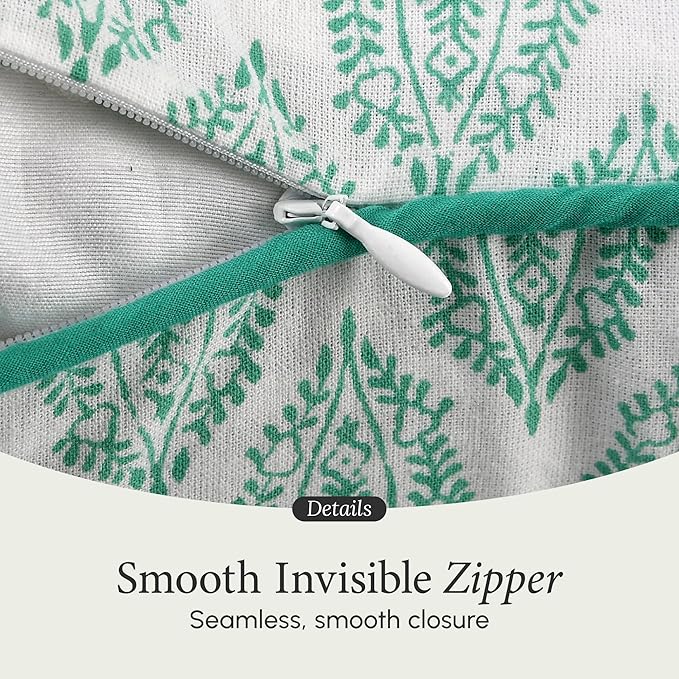 CPC 100% Cotton Throw Pillow Covers 18x18 Inch, Set of 2 Green Block Print Pattern Couch Pillow, Cute Boho Decorative Pillows for Living Room, Bedroom with Hidden Zipper- Sea Green