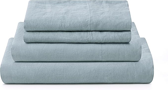 ATLINIA 100% Pure Flax Linen Bedding Set - Stone Washed French Linen Fabric Deep Pocket Fitted Sheet Farmhouse Flat Sheet 2 Pillowcases (Dusty Blue, California King)