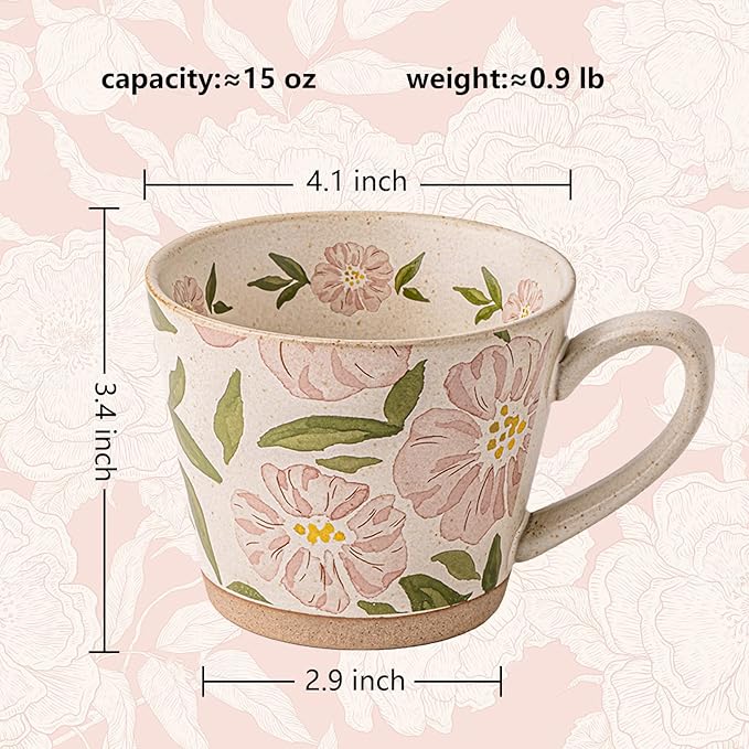 15oz Vintage Floral Ceramic Coffee Mug, Hand-Painted Lead-Free Tea Cup with Comfort Handle, Microwave & Dishwasher Safe for Home Office & Gift for Women (Pink Floral, 15, ounces)