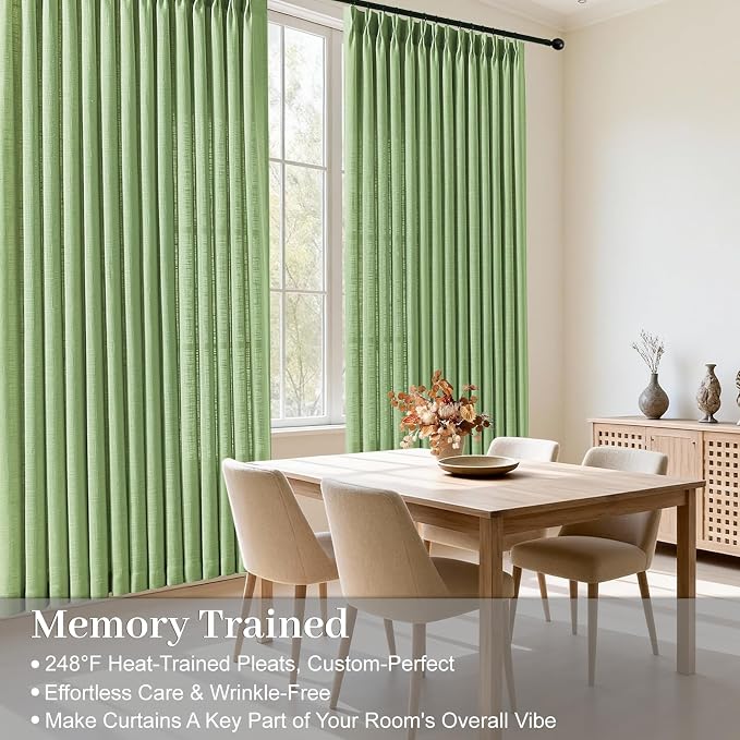 Sage Green Pinch Pleated Curtains 90 Inch Length 2 Panels for Living Room, Light Filtering Semi Sheer Pleated Curtain with Rings Memory Trained Modern Back Tab Drapes for Bedroom Office, 40x90