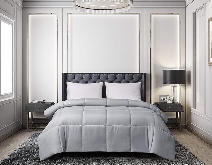 Blue Ridge Home Fashions Microfiber Light Weight Solid Down Alternative All Season Comforter - Hypoallergenic Polyester Fill, Full-Queen, Platinum