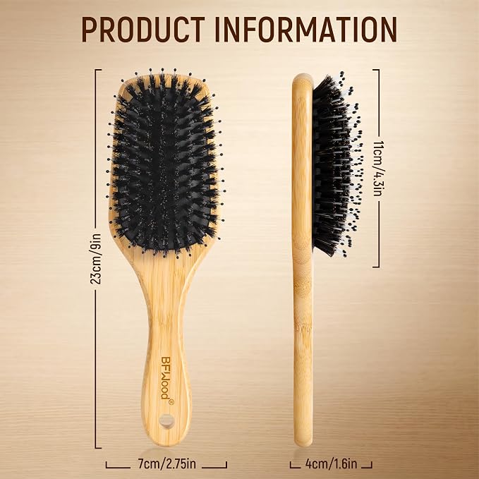 BFWood Boar Bristle Hair Brush - Natural Bamboo Hair Brush with Boar Bristle, Paddle Detangling HairBrush for Women Men Thick Curly Thin Long Short Wet Dry
