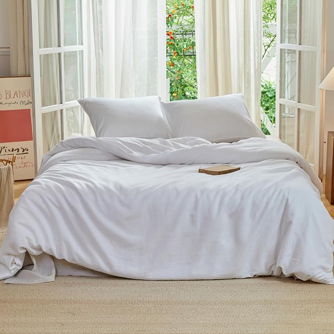 Simple&Opulence Linen Duvet Cover Set Queen Size - French Linen Cotton Woven Blend in White Color, 3 Pieces (1 Comforter Cover 88x92” + 2 Pillowcases), Soft & Breathable All-Season Farmhouse Bedding