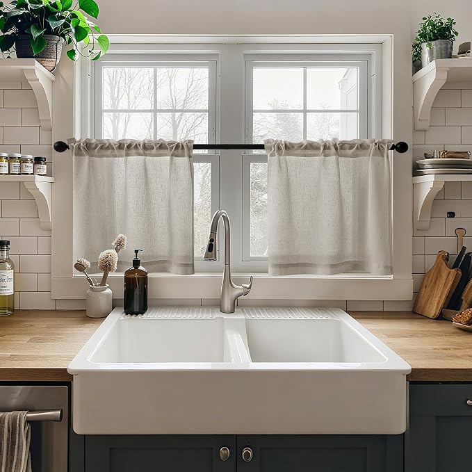 Burlywood Birch Cafe Curtains for Kitchen Windows Curtains Over Sink 24 Inch Length Short Drapes Rod Pocket Semi Sheer Light Filtering Rustic for Bathroom Laundry, 25x24 Inch, 2 Panels