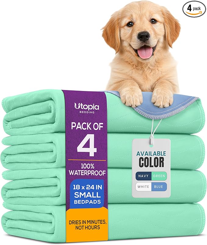 Utopia Bedding Washable Pee Pads for Dogs 18" x 24" (Pack of 4), Waterproof Incontinence Bed Pads for Adults, Elderly and Kids, Heavy Absorbency Pet Training Pads for Sofa and Couch (Green, Blue)
