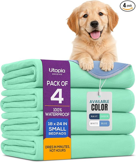 Utopia Bedding Washable Pee Pads for Dogs 18" x 24" (Pack of 4), Waterproof Incontinence Bed Pads for Adults, Elderly and Kids, Heavy Absorbency Pet Training Pads for Sofa and Couch (Green, Blue)