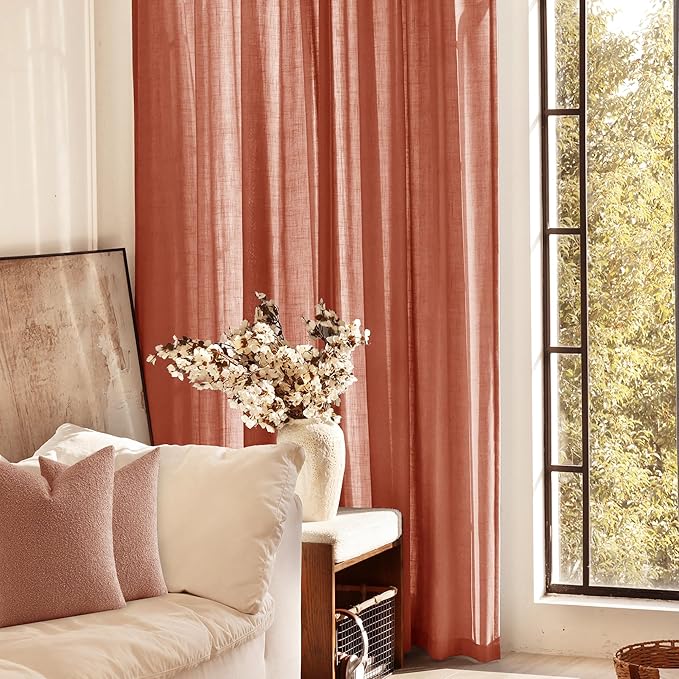 86 inch Linen Terracotta Curtains 2 Panels for Living Room Back Tab Light Filtering Semi Sheer Rust Colored Curtains 86 inches Long Soft Thick Cotton Cloth Textured Rustic Boho Farmhouse Room Decor