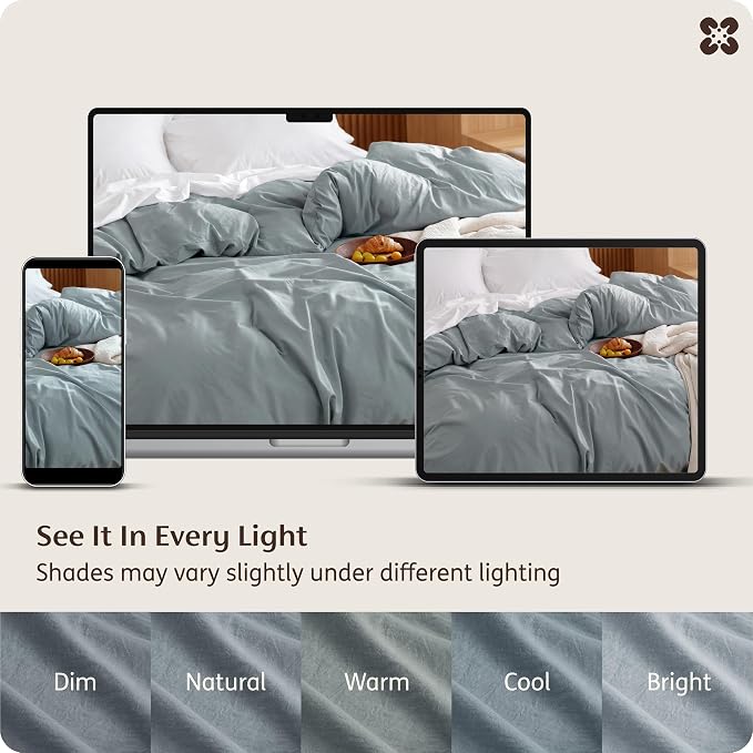Bedsure Duvet Cover King Size - 100% Washed Cotton, Linen-Like Minimalist Bedding - PureWoven Plain Soft Comforter Cover for All Seasons, 1 Duvet Cover Only (Dusty Blue, 104" x 90")