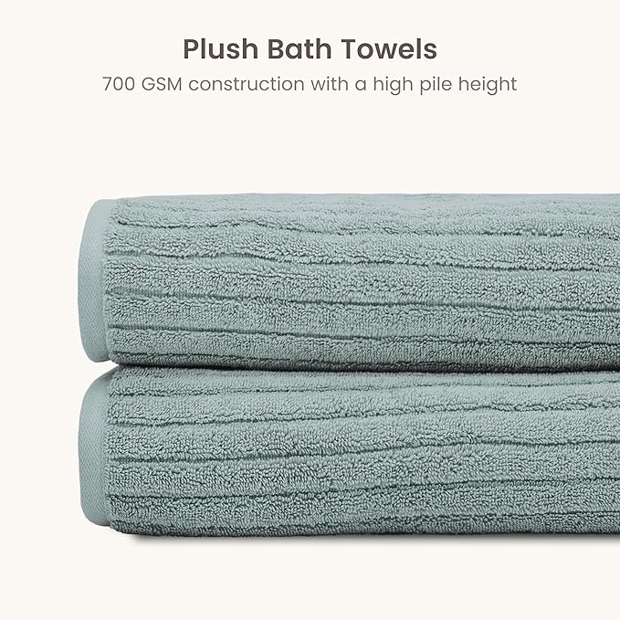 BIOWEAVES 100% Organic Cotton 700 GSM Luxury Ribbed Bath Towel Set for Bathroom 30" x 58" GOTS Certified - ICY Fjord, Pack of 2
