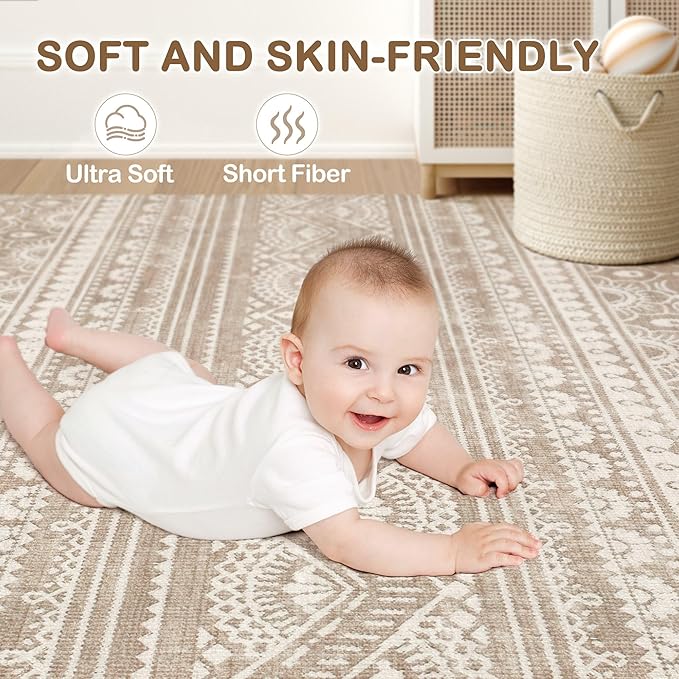 Tortania Area Rug Living Room Rugs - 8x10 Washable Large Soft Neutral Boho Moroccan Bohemian Farmhouse Rug Indoor Floor Carpet for Bedroom Under Dining Table Home Office Decor - Light Brown