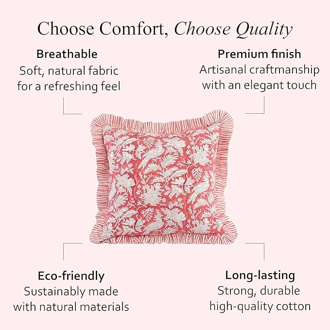 CPC Block Print Ruffle Throw Cover Pink Coral 16"x16" Inch Pack of 2-100% Cotton Ruffle Couch Decorative Boho Pillows Case for Living Room, Bedroom, Sofa, Farmhouse Gift for Spring, Mother's Day