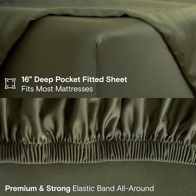 DOZ Sheet Set, 100% Viscose derived from Bamboo, Organically Grown, Buttery Soft, Cooling Sheets, High GSM, Deep Pockets - 2 Piece - 1 Pillowcase 1 Fitted Sheet (Olive, Twin)