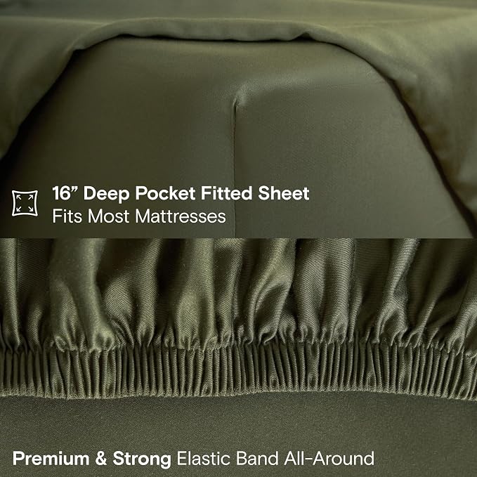 DOZ Sheet Set, 100% Viscose derived from Bamboo, Organically Grown, Buttery Soft, Cooling Sheets, High GSM, Deep Pockets - 3 Piece - 2 Pillowcases 1 Fitted Sheet (Olive, King)