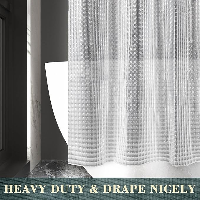 No Hook Shower Curtain or Liner - 8G Heavy Duty Grid Bathroom Shower Curtain No Hooks Required, Waterproof Plastic & PVC Free, Standard Size 71 x 74, Square
