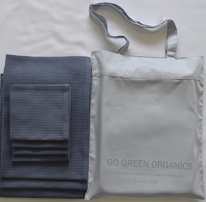 Waffle Bath Towel Set, Organic Cotton,GOTS Certified, Folkstone Grey Super ABSORBANT & Quick Dry, NO SOFTENERS, Environment Friendly,1xBATH58x30.5, 2xHAND29x20, 4xFACE12x12INCH