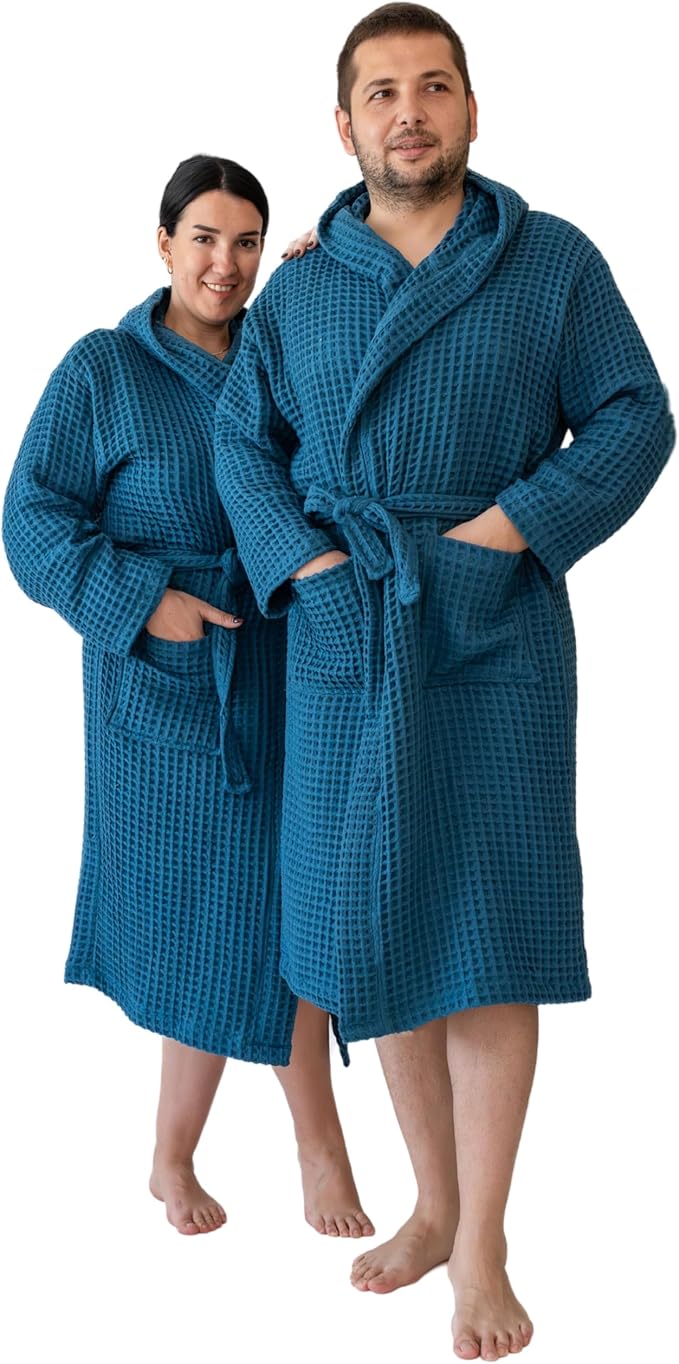 Unisex Hooded Waffle Robe for Women & Men 100% Turkish Cotton | Quick-Dry Bathrobe | Cozy Housecoat for Lounging