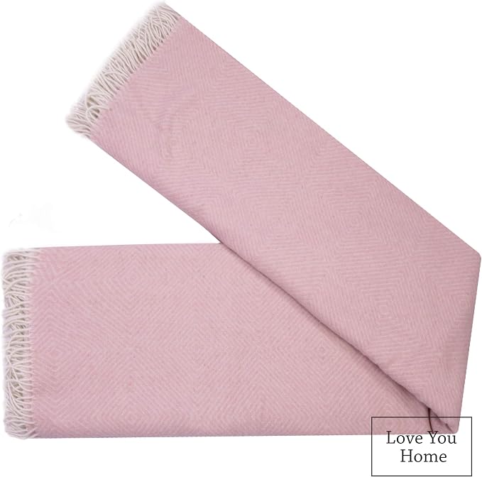 LYHome Merino Wool Blanket - Warm Throw for Cold Weather, Warmest Travel Outdoor Camping Blankets, Picnic Army and Military Throws, Comforter Soft & Cozy (55" x 79" Pink with White Rhombus)