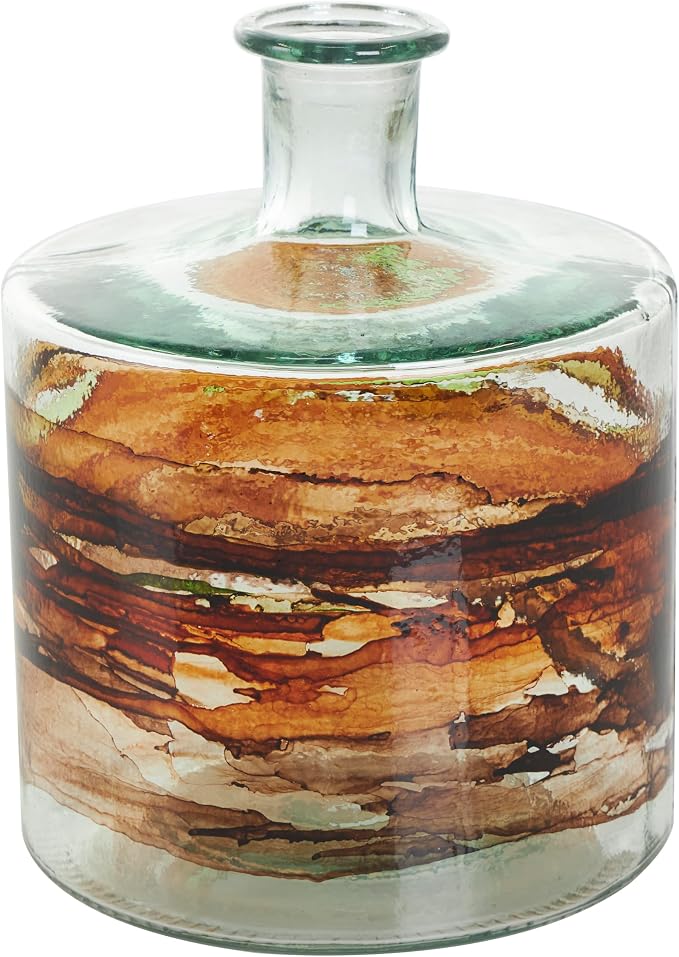 Deco 79 Recycled Glass Decorative Vase Abstract Spanish Bottle Centerpiece Vase with Swirled Colored Glass Bands, Flower Vase for Home Decoration 8" x 8" x 10", Clear