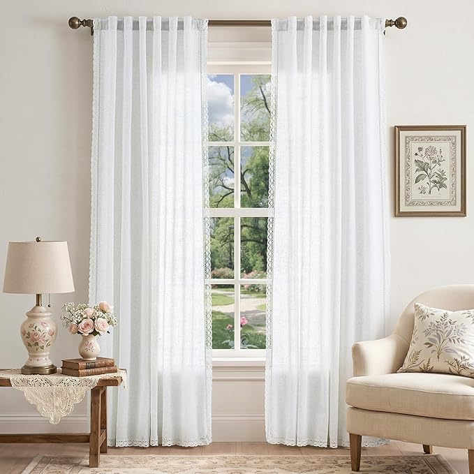 jinchan Linen Curtains for Living Room Bedroom Light Filtering Semi Sheer Curtains Boho Farmhouse French Country Cottage Core Decor Window Drapes Back Tab 84 Inch Length Laced Off White