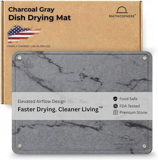 LARGE MATMOSPHERE Stone Dish Drying Mat for Kitchen Counter – Fast Absorbing Diatomaceous Mat with Stainless Steel Legs, Quick Dry, Dish Rack Mat, USA Small Business, 18”x14”, Gray Marble