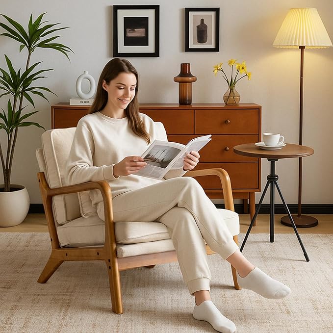 Karl home Mid-Century Modern Accent Reading Chair, Creamy | Chenille Upholstered, Solid Wood Frame, Soft Cushion, Lumbar Pillow, Lounge Armchair for Living Room, Bedroom, Balcony, Study