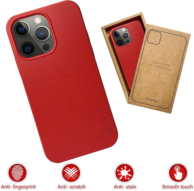 eplanita Eco Mobile Phone Case Compatible with iPhone 15 Pro Max, Plant Fiber, Drop Protection Cover, Durable and Sustainable (for iPhone 15 Pro Max, Red)