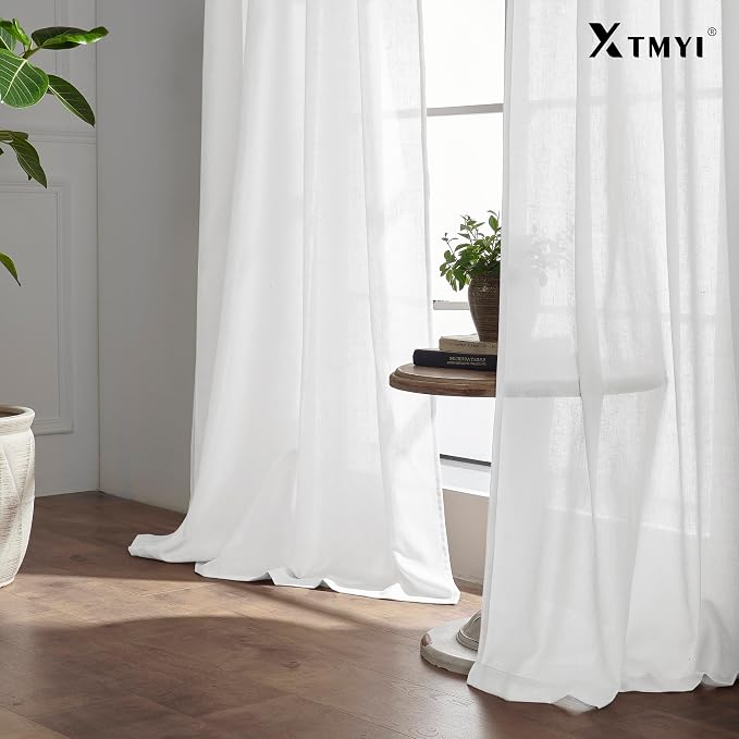 XTMYI White Sheer Curtains 63 Inch Length for Living Room 2 Panels Natural Linen Voile Rod Pocket Back Tab Short Sill Length Bay Window Curtain Set for Dark Bedroom,50x63 Inches Long,Pure White